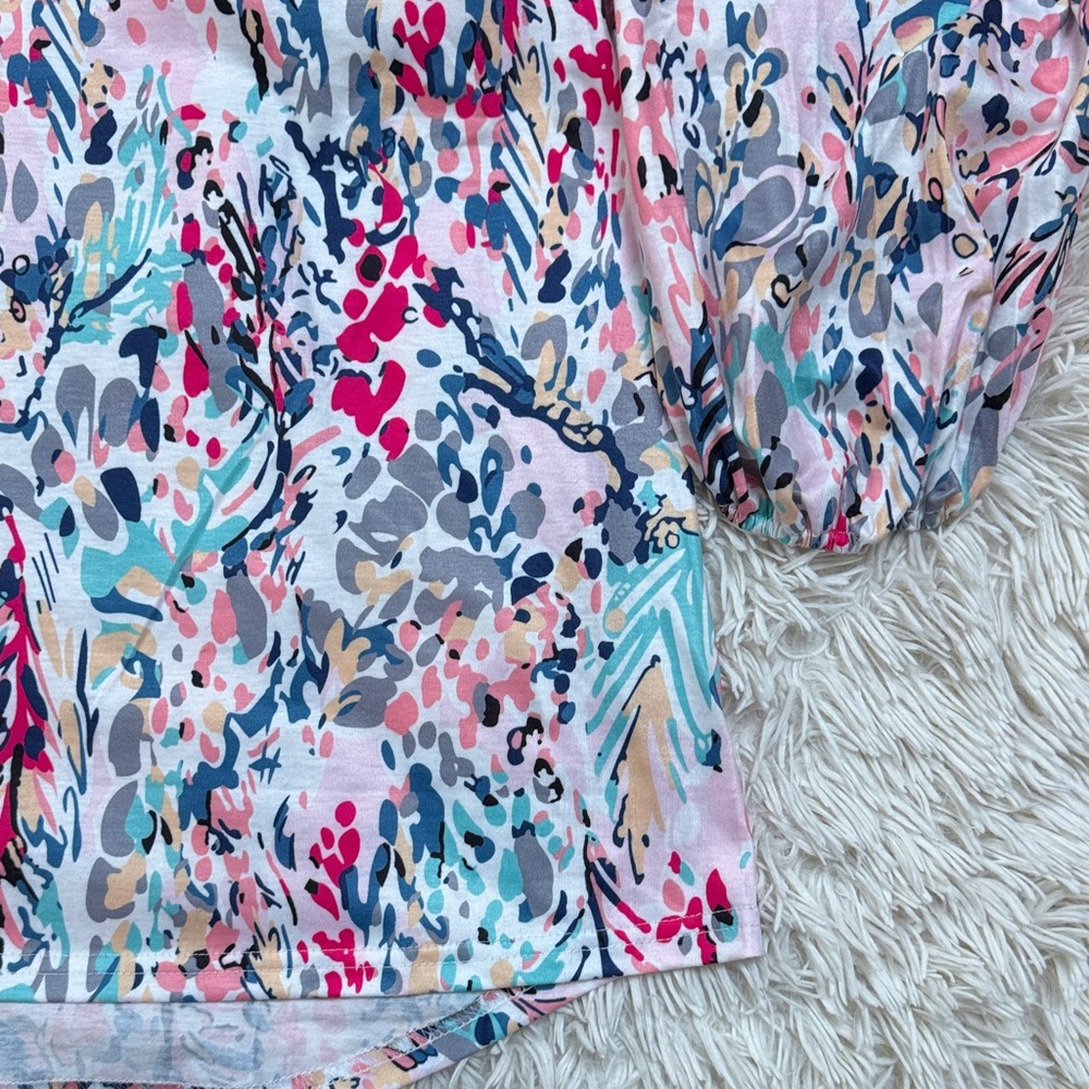 🎉HP🎉 Boutique Floral Print Bubble Sleeve Top 💗 White Pink & Blue - Picture 7 of 14